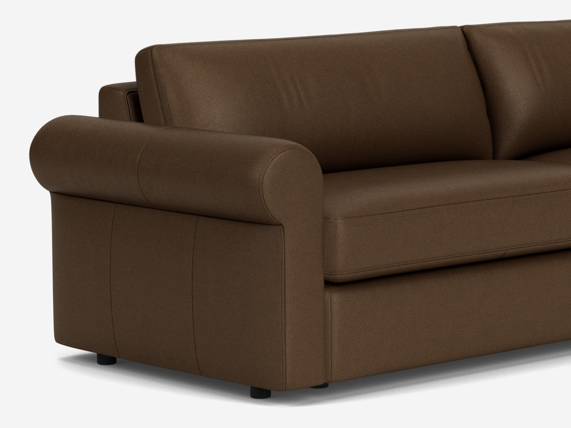 Brown leather 2-seat sofa with roll arms detail view